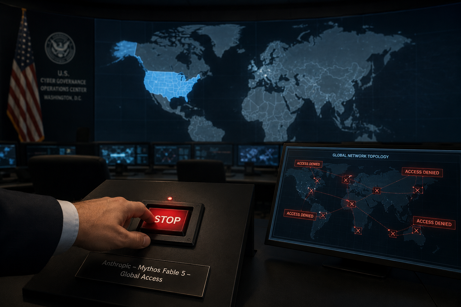 US government official pressing red STOP button on control panel labeled "Anthropic – Mythos Fable 5 – Global Access" while a curved video wall shows a world map with the US highlighted in blue and severed international connections marked "ACCESS DENIED."