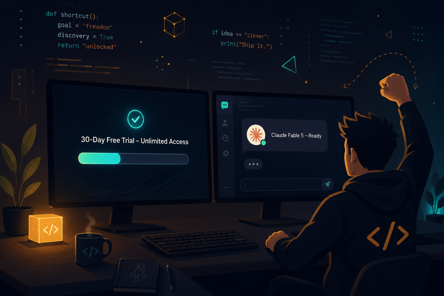 Developer desk with two monitors showing 30-day free trial access to Claude Fable 5 chatbot with floating code and animation shapes, flat vector illustration navy background amber and teal accents